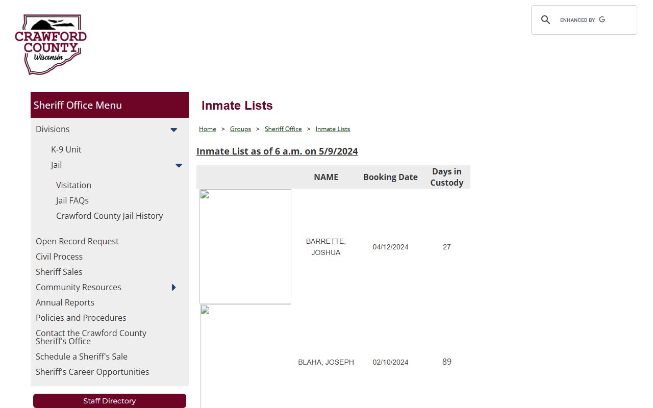 Crawford County Jail Mugshots inmate lists page