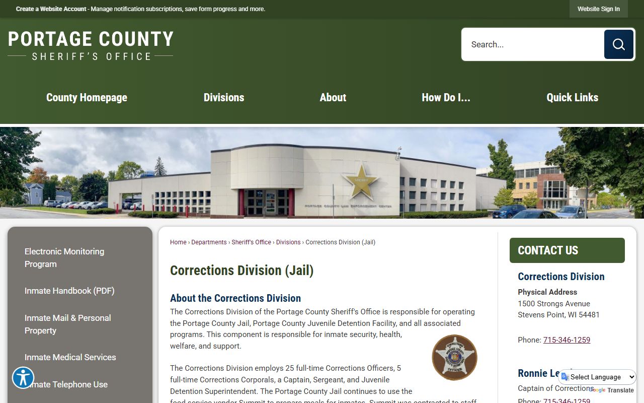 Portage County Jail Mugshots corrections division page