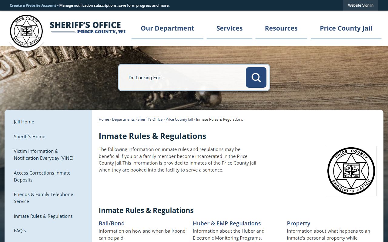 Price County Jail Mugshots inmate rules page