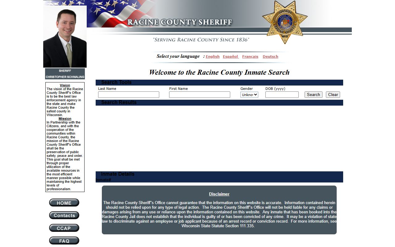 Racine County Jail Mugshots inmate locator page