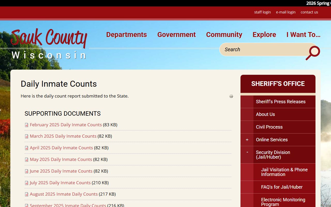 Sauk County Jail Mugshots daily inmate counts page