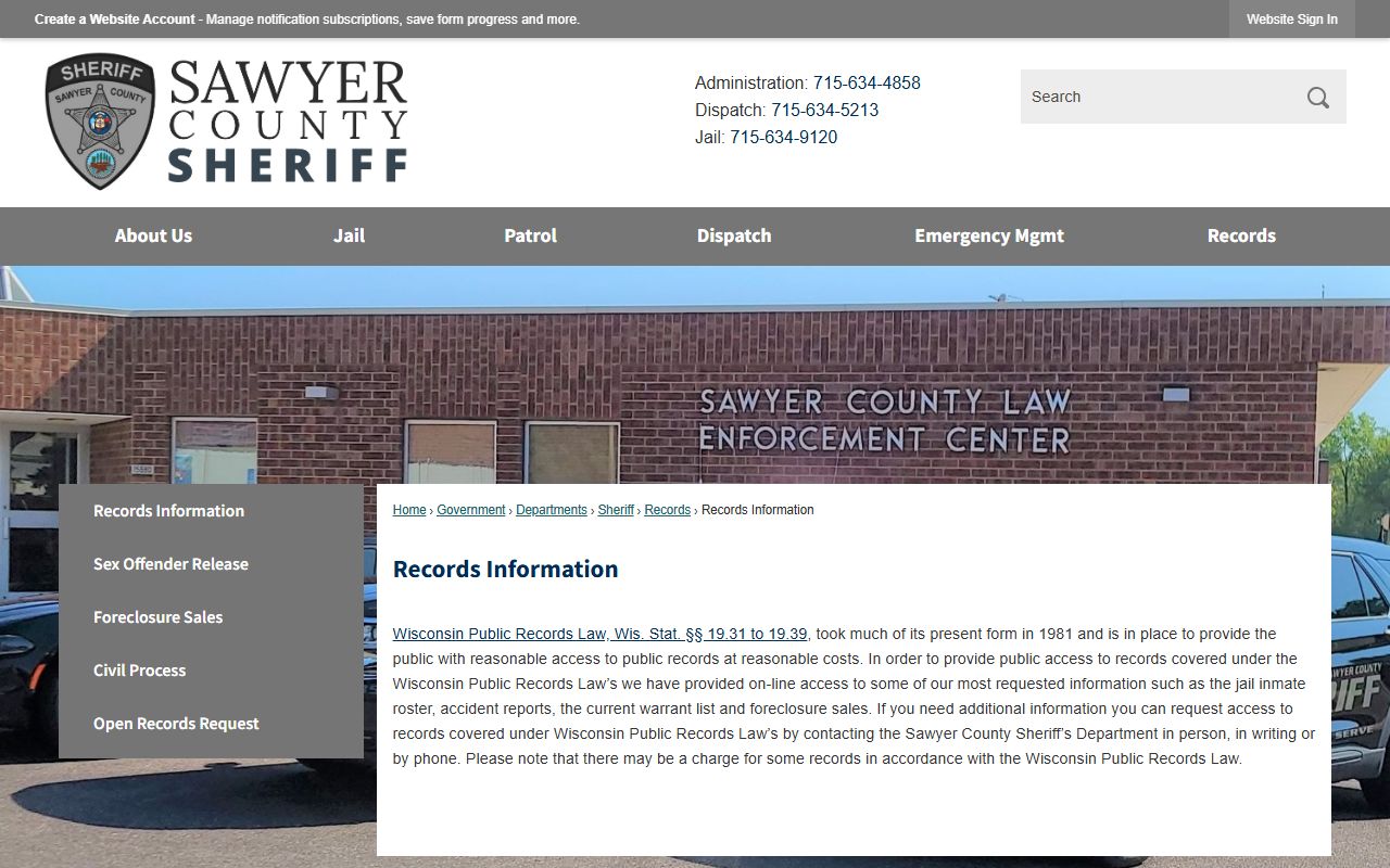Sawyer County Jail Mugshots records information page