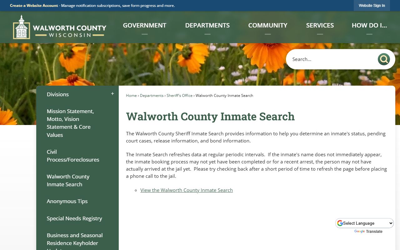 Walworth County Jail Mugshots inmate search page